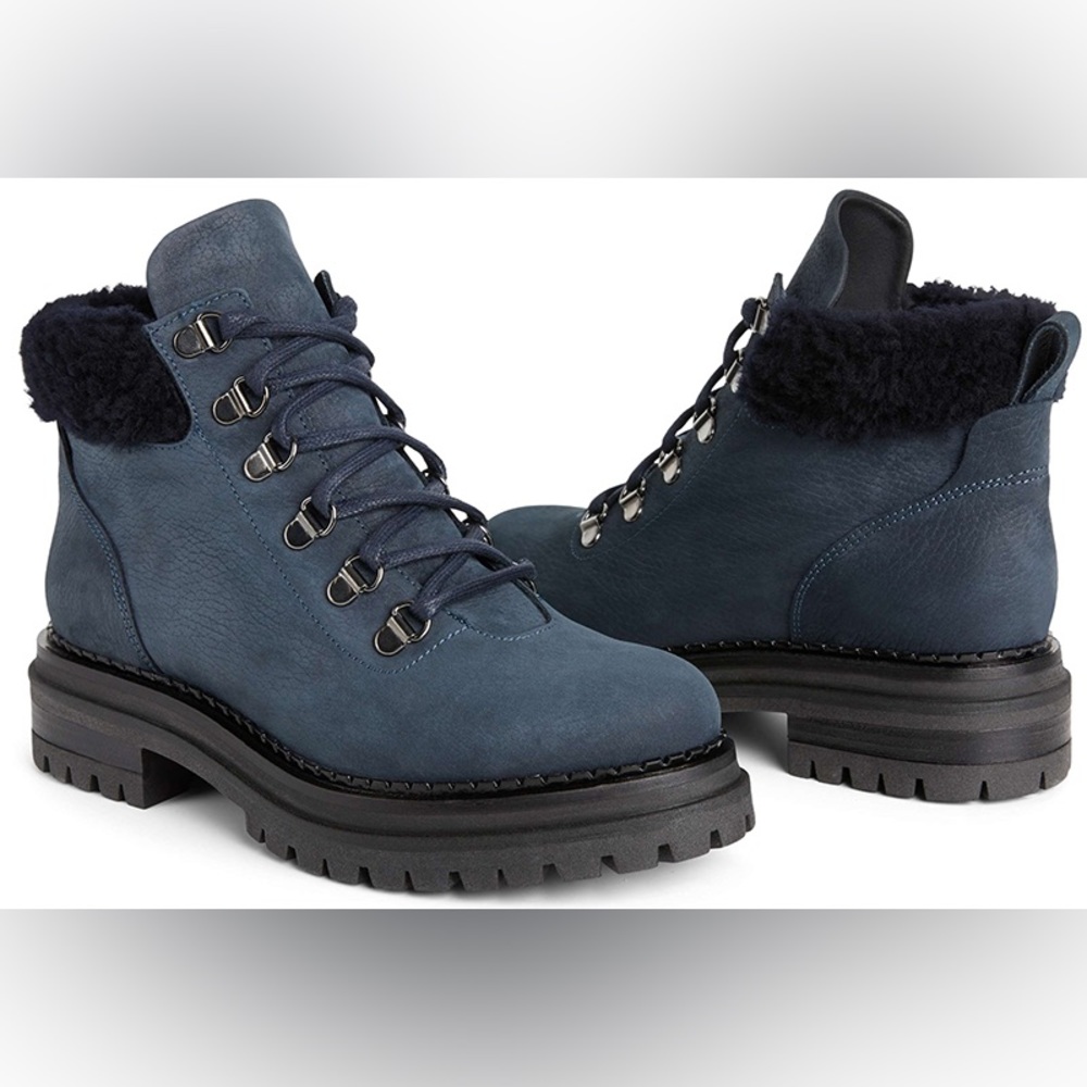 M.GEMI Navy Blue Nubuck Leather Lace Up Lug Sole GORPCORE Alpi Boot EUC Sz 37.5 - Picture 1 of 11